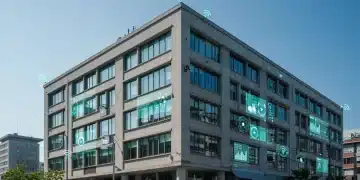 Smart building with integrated IoT sensors displaying operational cost reductions