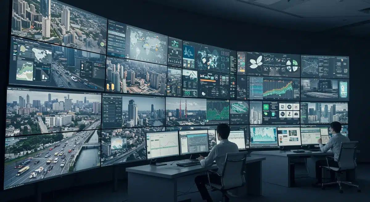 Smart city control center monitoring integrated IoT data for urban planning and public services.