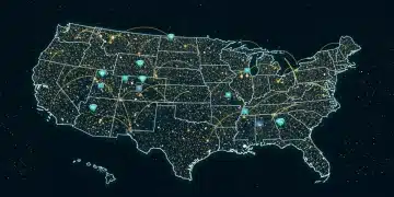 Digital representation of smart grid infrastructure across the US, highlighting IoT integration for energy reliability.
