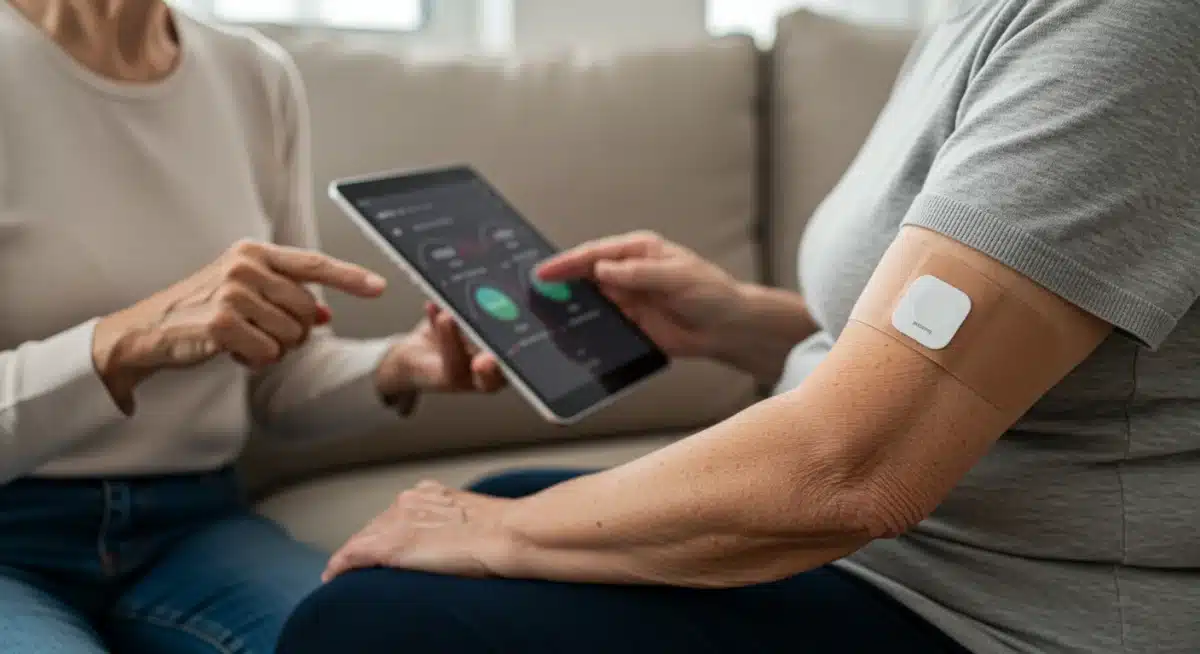 Elderly person with smart health monitor, family checking vitals