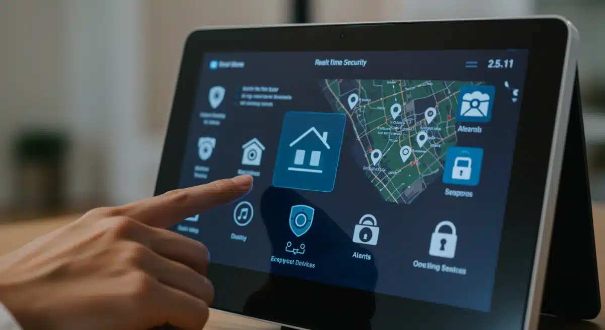 Smart home security panel displaying real-time alerts and device status, illustrating central control.