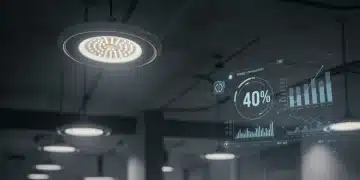 Modern office with smart lighting, showing 40% energy savings via IoT.