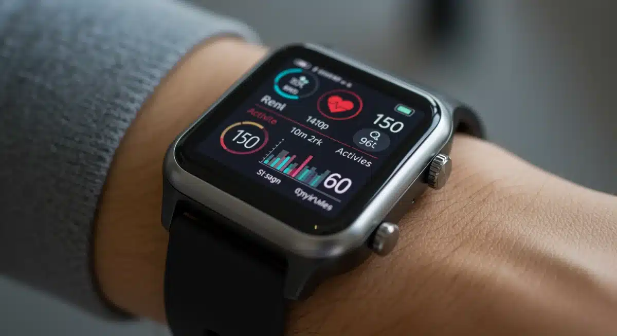 Smartwatch displaying real-time health metrics including heart rate and sleep patterns