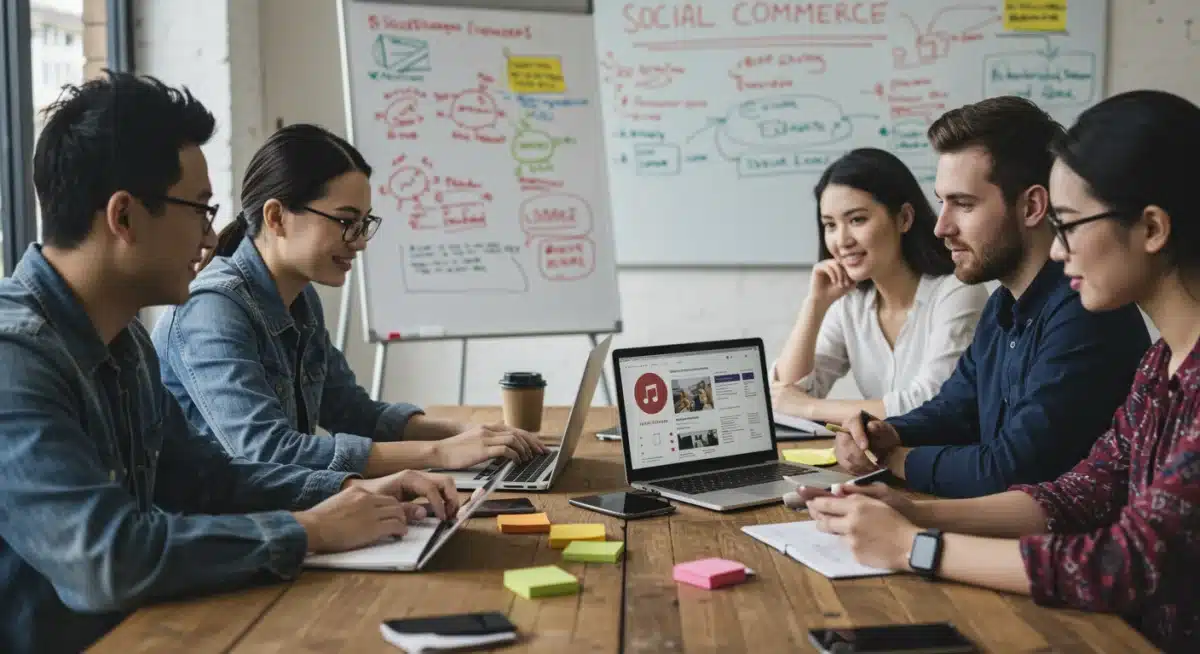 Entrepreneurs strategizing social commerce campaigns and analytics