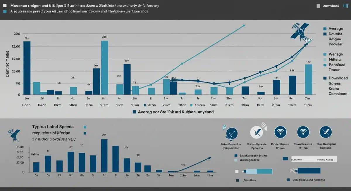 Infographic comparing Starlink and Project Kuiper internet speeds and latency across US regions in Q3 2025.