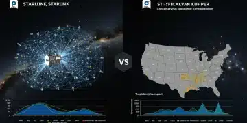 Satellite internet comparison graphic showing Starlink and Project Kuiper's US coverage and performance data for Q3 2025.