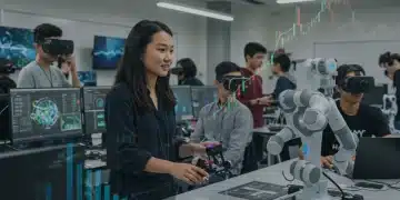 Investing in Educational Innovation: STEM Impact 2025 Students learning STEM with technology, financial growth chart overlay