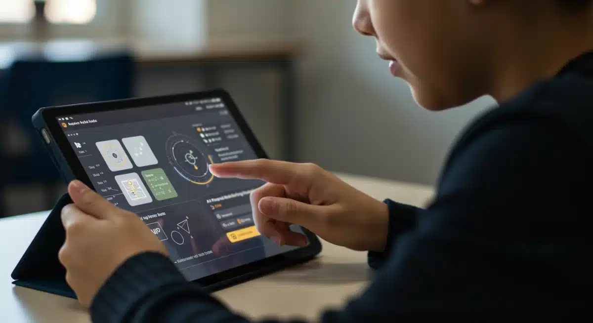 Student engaged with an AI tutoring system on a tablet, receiving personalized feedback.