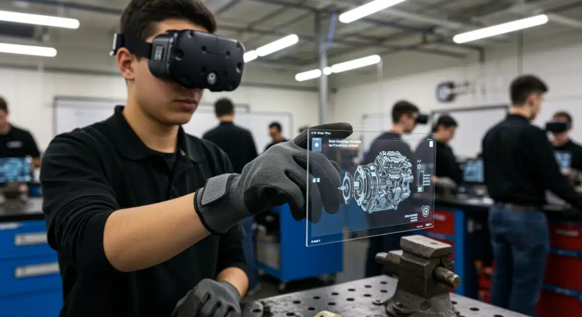 Student manipulating a virtual engine component with an augmented reality glove