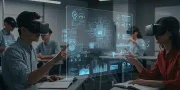 AI in Education: Bias, Fairness, and Ethical Implications 2025 Students learning with AI in a futuristic classroom, displaying ethical considerations.