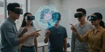 Students using augmented reality to interact with a holographic cell model in a classroom