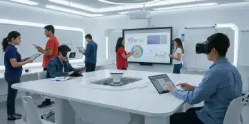 Students using EdTech in a modern classroom, symbolizing future education funding