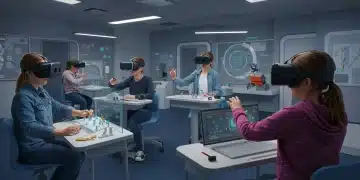 Students immersed in a virtual reality classroom, actively learning