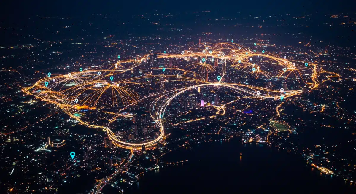 Fiber optic cables weaving through an urban landscape