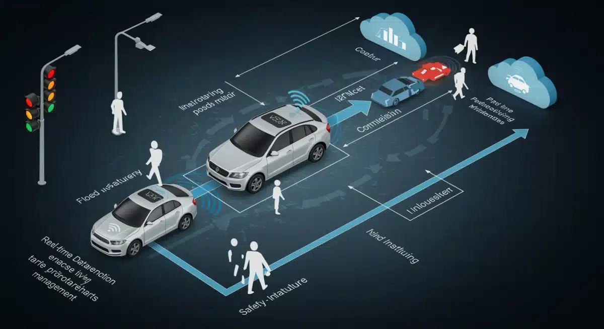 V2X communication diagram showing data exchange between vehicles, infrastructure, and pedestrians for improved road safety.