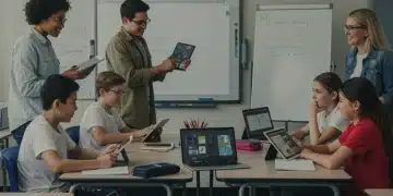 Students and teachers interacting with AI tools in a K-12 classroom, symbolizing policy changes.