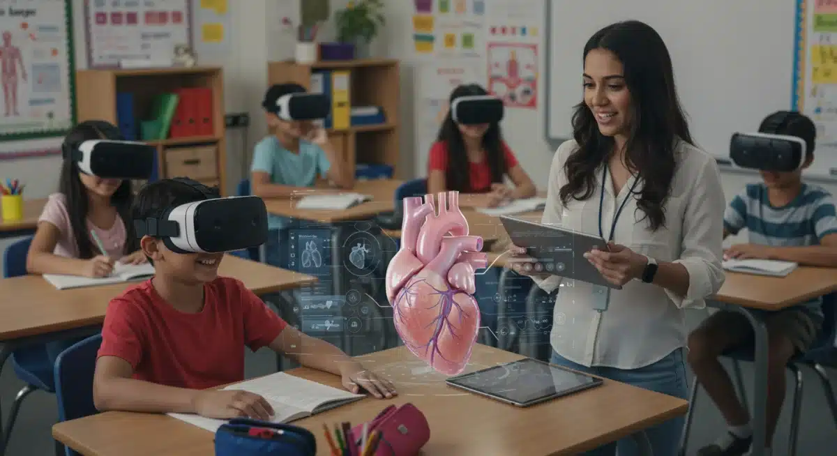 Teacher using augmented reality in classroom, showcasing innovative technology.
