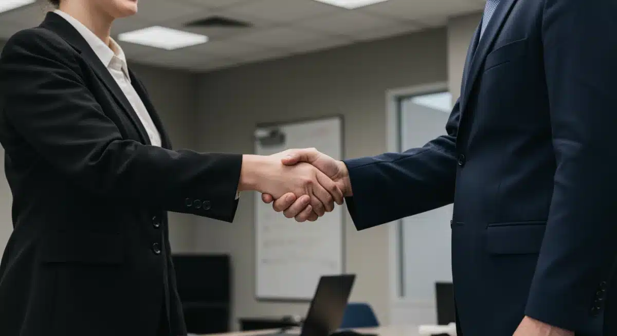 Graduate and employer handshake, representing CBE's impact on workforce readiness.