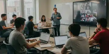 Students engaged in a dynamic hybrid learning setting with technology