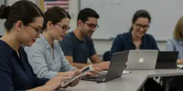 Teachers engaging in professional development, adapting to new technologies in U.S. classrooms.