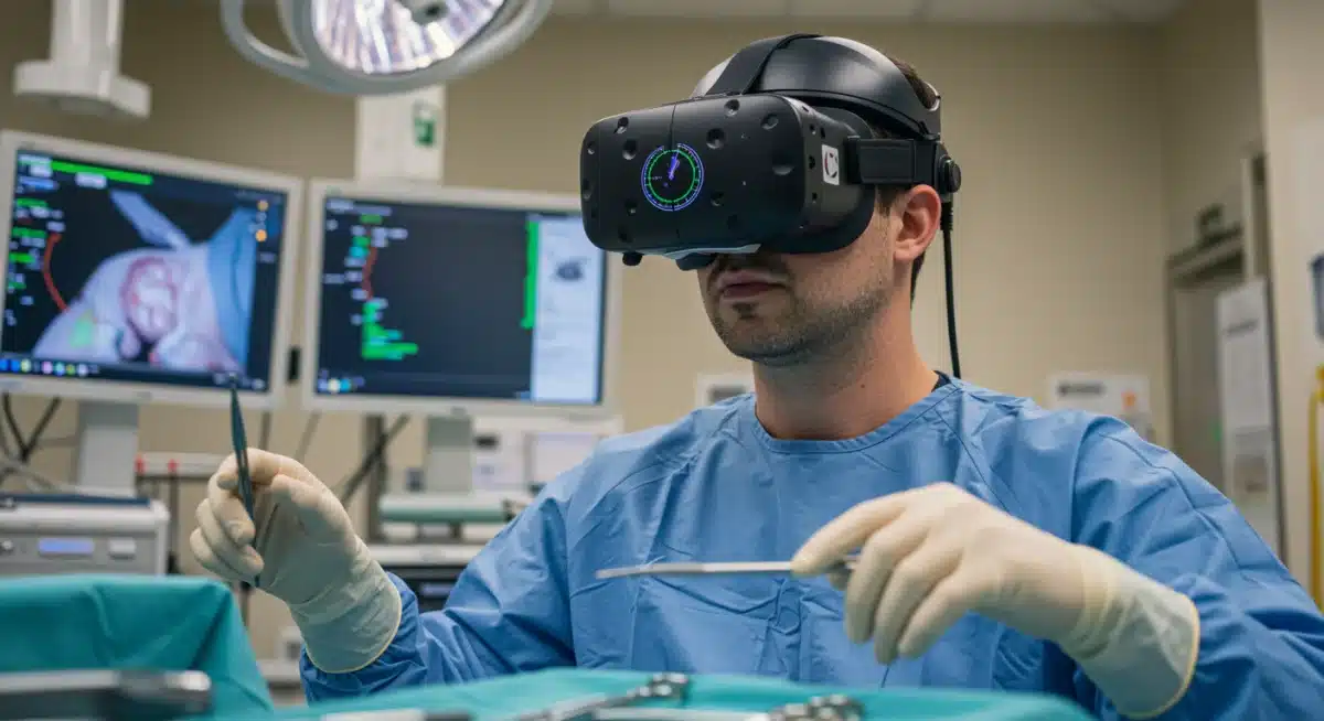 Medical student in a virtual reality operating room simulation, practicing surgery.