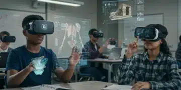 Students wearing XR headsets in a modern classroom, interacting with holographic educational content.