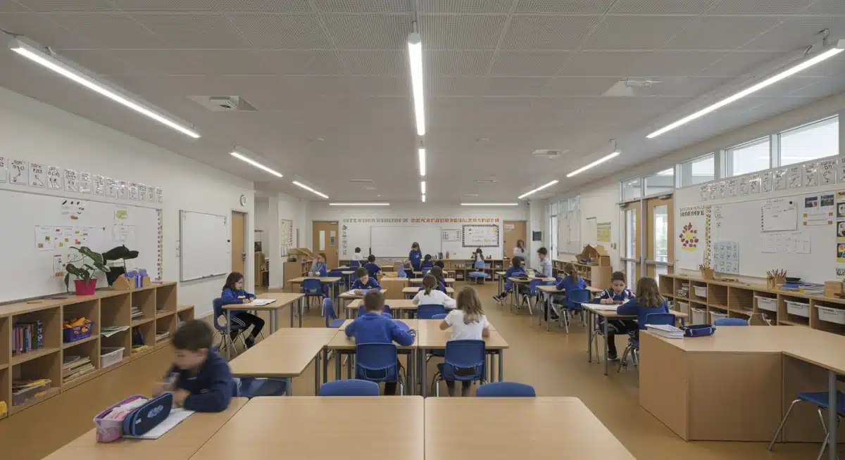 Naturally lit classroom in a sustainable school, promoting student well-being and energy efficiency.