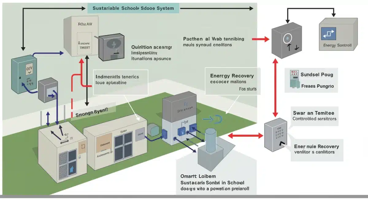 Diagram of a sustainable school's energy-efficient HVAC system with geothermal and smart controls.